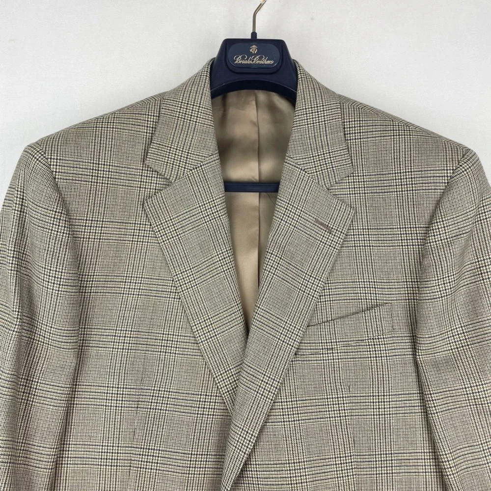 Brooks Brothers 1818 Madison Saxon Wool Glen Plaid Blazer Tan Brown 40L 32184026